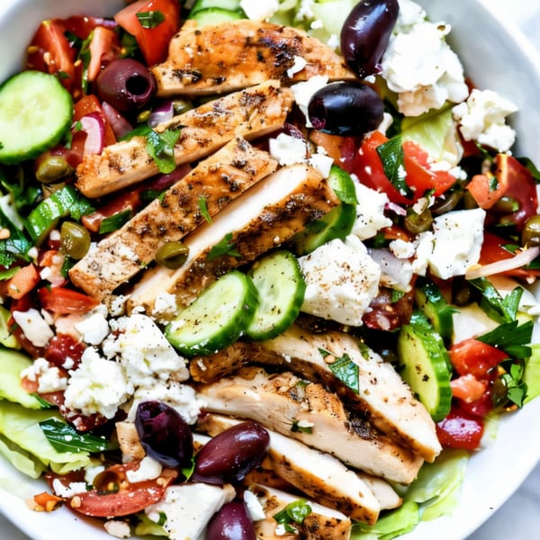 Grilled chicken salad with lettuce, tomatoes, cucumbers, olives, and feta cheese.