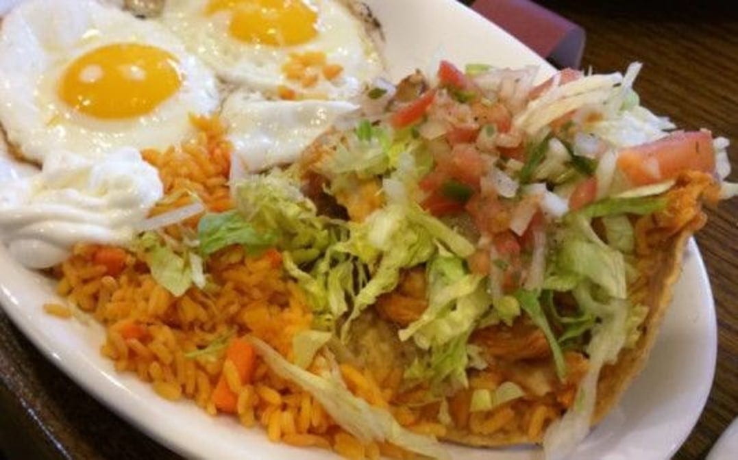 Mexican Chicken Tostada & Eggs.
